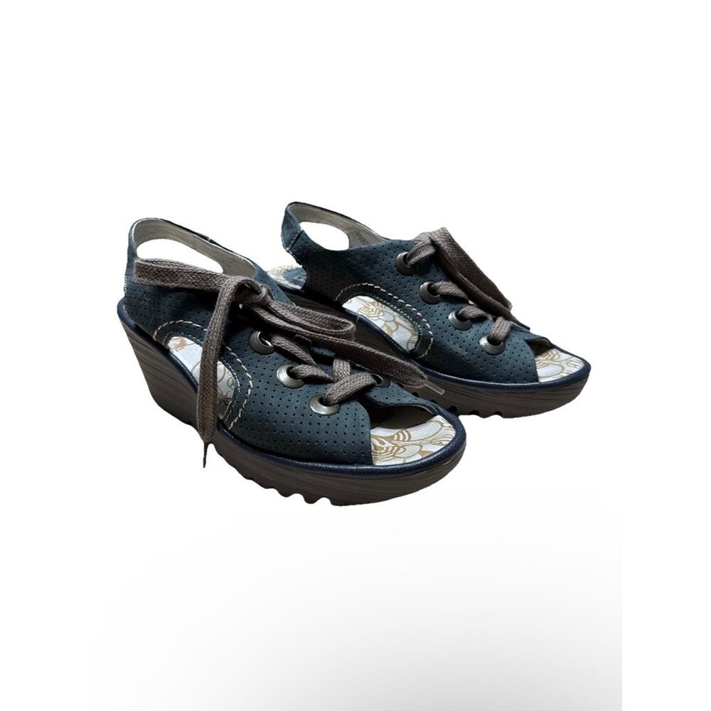 FLY London Ylva Perforated Lace Up Wedge Sandals Shoes EU39 US 8-8.5 Indigo